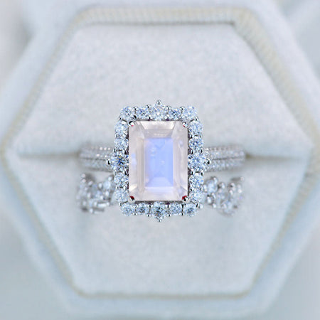 3Ct Genuine moonstone Engagement Ring Halo Emerald Cut Genuine moonstone Engagement Ring, 9x7mm Step Cut Genuine moonstone  Engagement Ring with Eternity Band