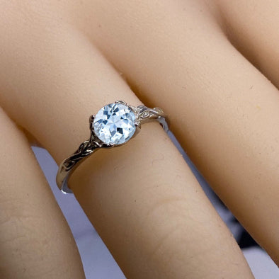 Dainty Genuine Natural Aquamarine Ring Round Genuine Natural Aquamarine Floral White Gold Ring