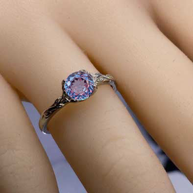 Dainty Portuguese Cut Alexandrite Ring Round Portuguese Cut Alexandrite Floral White Gold Ring