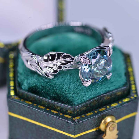 2Ct Teal Sapphire 14K White Gold Engagement Ring, Design Floral Twig Style Engagement Ring, Leaf Promissory Ring.