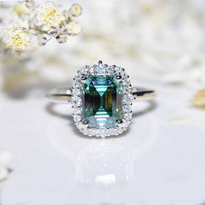 3Ct Green Moissanite Engagement Ring, Emerald Cut Halo  Moissanite Engagement Ring