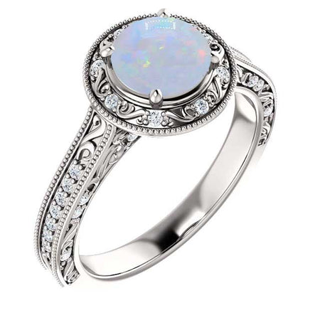 14K Gold 6.5mm Round White Opal 1/4 CTW White Opal Engagement Ring