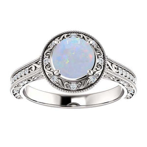 14K Gold 6.5mm Round White Opal 1/4 CTW White Opal Engagement Ring