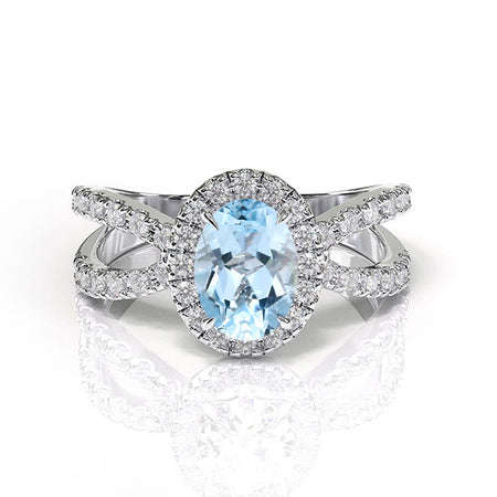 10K White Gold 1.25 Carat Oval  Genuine Natural Aquamarine Diamond Halo French-Set Engagement Ring