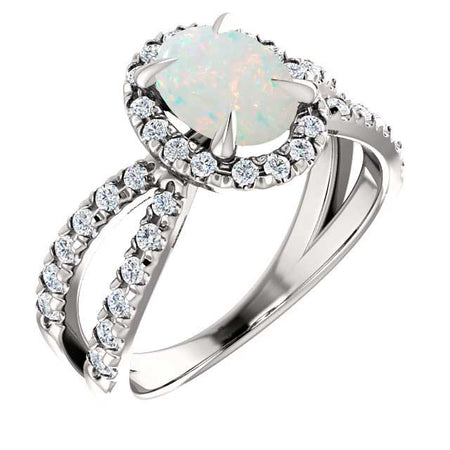 10K  White Gold 1.25 Carat Oval Forever One White Opal Diamond Halo French-Set Engagement Ring