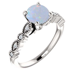 14K Gold  6.5 mm Round Forever One White Opal  .07 CTW Diamond Engagement Ring