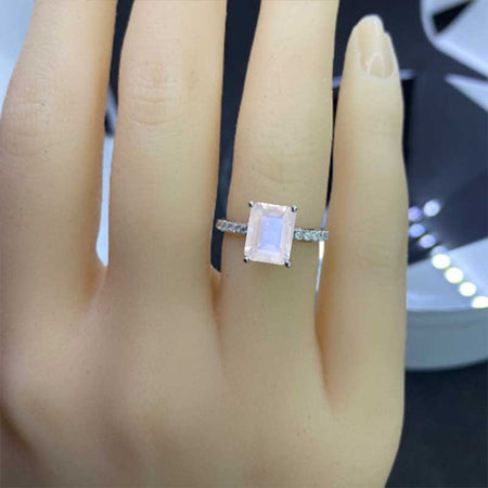 Luxury 3 Carat  Emerald Step Cut Natural Moonstone Hidden Halo Engagement 14K White Gold Ring