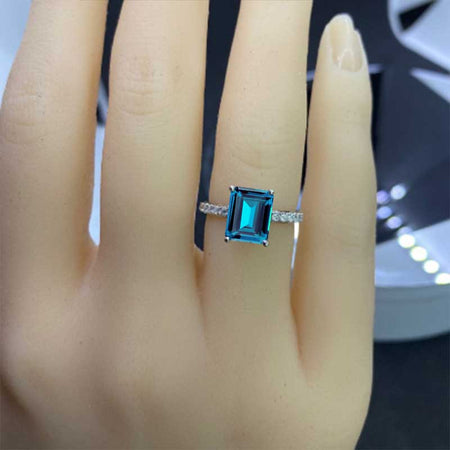 Luxury 3 Carat Emerald Step Cut Cornflower Sapphire Hidden Halo Engagement 14K White Gold Ring