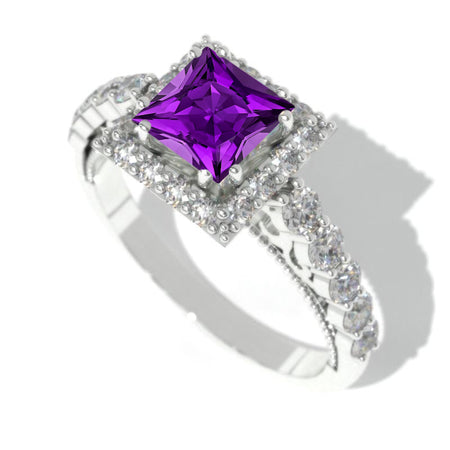 Princess Cut Natural Amethyst Halo Engagement Ring