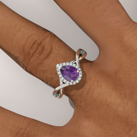 14K White Gold 0.8 Carat Pear Natural Amethyst Halo Engagement Ring