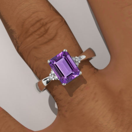 3.5 Carat Natural Amethyst Emerald Cut Engagement Gold Ring.