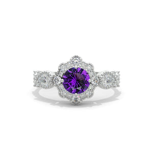 14K White Gold 1 Carat Round Natural Amethyst Halo Engagement Ring