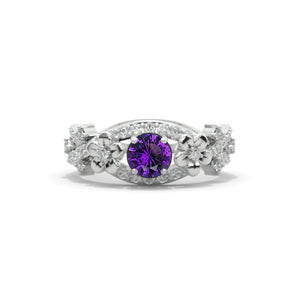 Natural Amethyst Celtic Engagement Floral Ring 14K White Gold