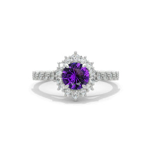 14K White Gold 1 Carat Round Natural Amethyst Halo Engagement Ring