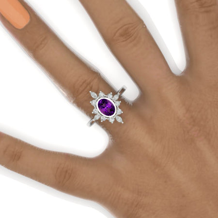 14K White Gold 1.5 Carat Oval Natural Amethyst Halo Engagement Ring