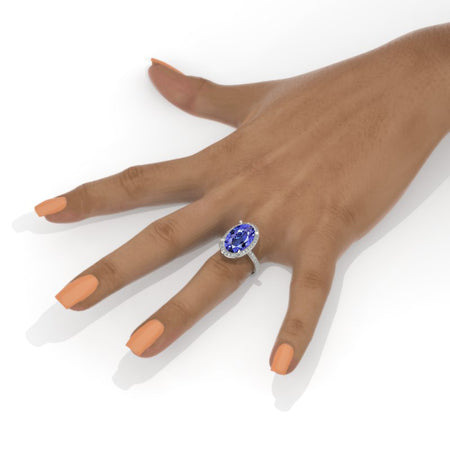 14K White Gold Oval Natural Genuine Tanzanite Halo Cocktail Ring