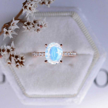 3 Carat Oval Genuine moonstone Ring, Hidden Halo Gold Engagement Ring