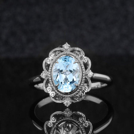 14K Rose Gold Vintage Genuine Natural Aquamarine Ring, Luxury Prong Setting Oval Cut Halo Engagement Ring 2ct Carat Oval Genuine Natural Aquamarine Victorian Ring