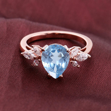 Pear Shaped Genuine Natural Aquamarine Engagement Ring. Vintage Unique Marquise Cut Cluster Engagement Ring