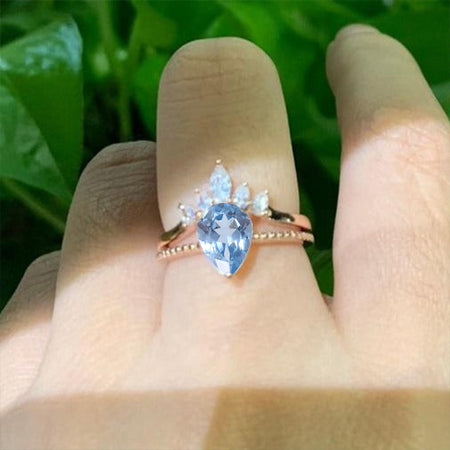 Pear Cut Genuine Natural Aquamarine Engagement Rose Gold Ring Set