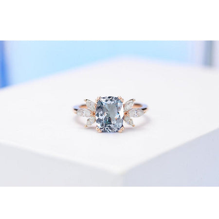 2Ct Cushion Cut Genuine Natural Aquamarine Vintage Engagement Ring, Cushion Genuine Natural Aquamarine Engagement Ring, Marquise Side Accents Stones 14K Rose Gold Ring