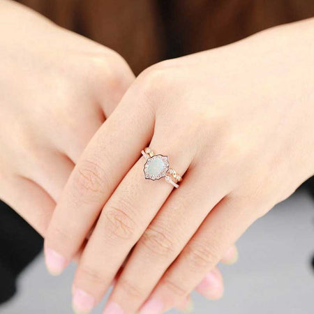 Vintage Oval Shaped White Opal Engagement Flower Ring