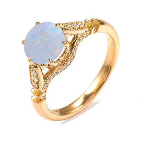 14K Solid Yellow Gold 2CT Round White Opal Solitaire Six Prongs Ring, Vintage Milgrain Engagement Ring Anniversary Promise Gold Ring