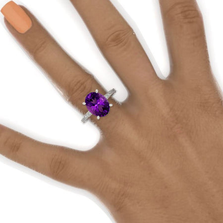 6Ct Oval Natural Amethyst Engagement Ring, Oval Cut Shape Dainty Engagement Ring, Natural Amethyst Hidden Halo Pave accents ring