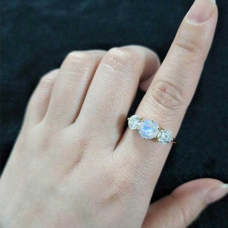 14K Gold Classic Round Three Stone Genuine moonstone Ring, Luxury Engagement Ring. 4 CTW Carat Genuine moonstone Ring, Gift for Her