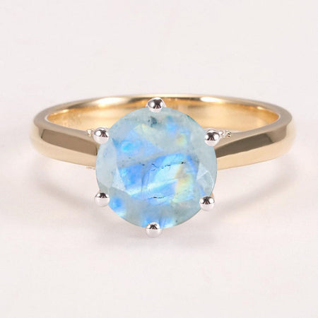 14K Solid Two Tone Gold 2CT Round Genuine moonstone Solitaire Six Prongs Ring Genuine moonstone Hidden Halo Engagement Ring Anniversary Promise Gold Ring