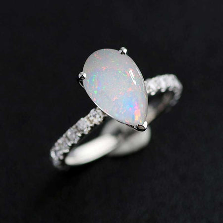 3Ct Pear Genuine White Opal Hidden Halo Engagement Gold Ring, 11x7mm Pear Cut Genuine White Opal Engagement Ring, Micro pave Accents Stones