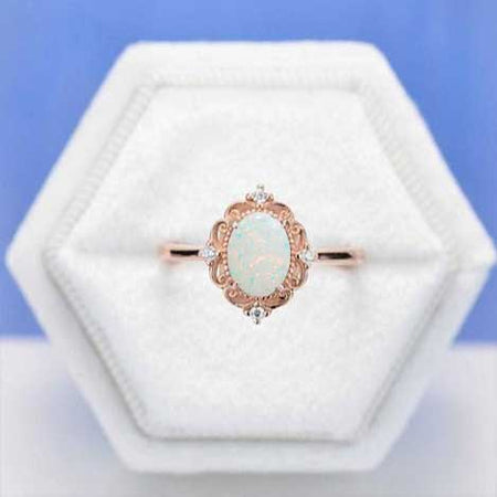 14K Solid Rose Gold Dainty Oval White Opal Ring, 1.5ct Oval Cut White Opal Ring, Rose Gold Ring Unique Oval Halo Vintage Ring