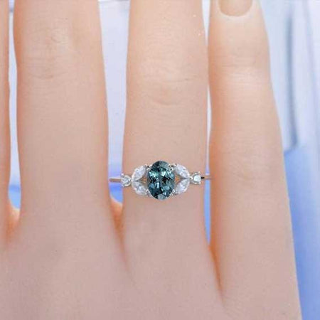 Oval Teal Sapphire Engagement Ring Set