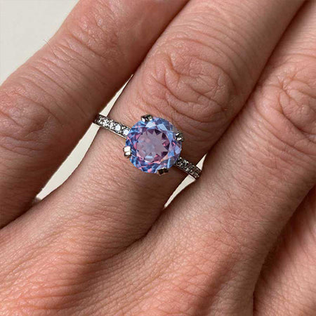 3 Carat Round Portuguese Cut Alexandrite Silver White Gold Plated Ring, Portuguese Cut Alexandrite Promissory Finger size 7