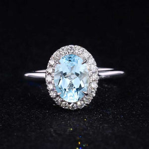 3 Carat Classic Oval Halo Genuine Natural Aquamarine Ring, Luxury Prong Setting Oval Cut Engagement Ring