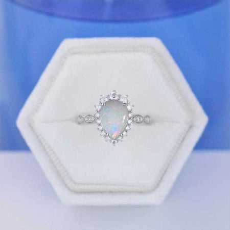 4 Carat Pear Cut Genuine White Opal Halo 14K White Gold Engagement Ring