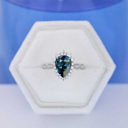 4 Carat Pear Cut Teal Sapphire Halo 14K White Gold Engagement Ring