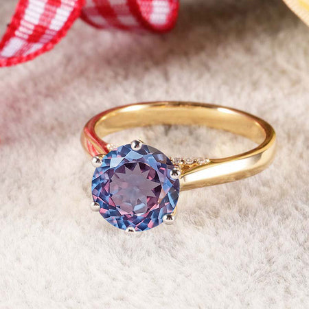 14K Solid Two Tone Gold 2CT Round Portuguese Cut Alexandrite Solitaire Six Prongs Ring Portuguese Cut Alexandrite Hidden Halo Engagement Ring Anniversary Promise Gold Ring