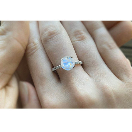 2 Carat Round Genuine moonstone Accents Stone 14K White Gold Ring finger size 7 ready to ship