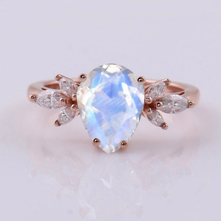 Pear shaped Genuine moonstone engagement ring vintage Unique Genuine moonstone cut Cluster engagement ring rose gold wedding Bridal gift for women