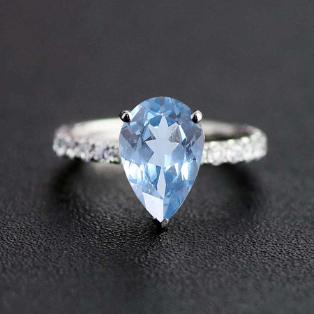 3Ct Pear Genuine Natural Aquamarine Hidden Halo Engagement Gold Ring, 11x7mm Pear Cut Genuine Natural Aquamarine Engagement Ring, Micro pave Accents Stones