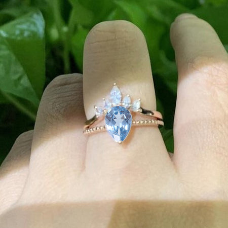 14K Solid Rose Gold Dainty Genuine Natural Aquamarine Ring Set, 3ct Pear Cut Genuine Natural Aquamarine Ring Set, Rose Gold Ring Unique Curved Marquise Cut Ring