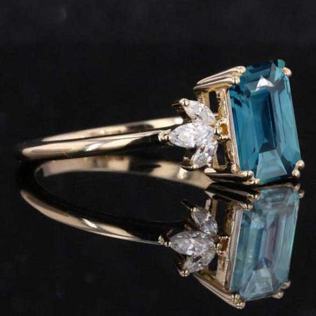 3Ct Teal Sapphire Engagement Ring, Solitaire Emerald Cut Teal Sapphire Engagement Ring, Teal Sapphire Marquise Side Stones Engagement Ring