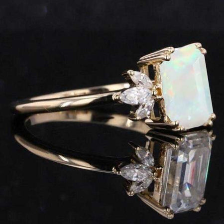 3Ct Genuine White Opal Engagement Ring, Solitaire Emerald Cut Genuine White Opal Engagement Ring, Genuine White Opal Marquise Side Stones Engagement Ring