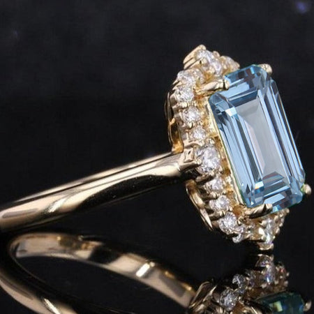 3Ct Genuine Natural Aquamarine Engagement Ring, Emerald Cut Halo Genuine Natural Aquamarine Engagement Ring