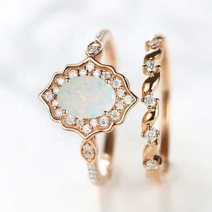 Vintage Oval Shaped White Opal Engagement Flower Ring