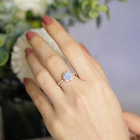 Snowflake Genuine White Opal Ring/1.0ct Round Cut Genuine White Opal Halo Ring/Solid 14K White Gold Ring/Art Deco Engagement Ring / Wedding Ring Women