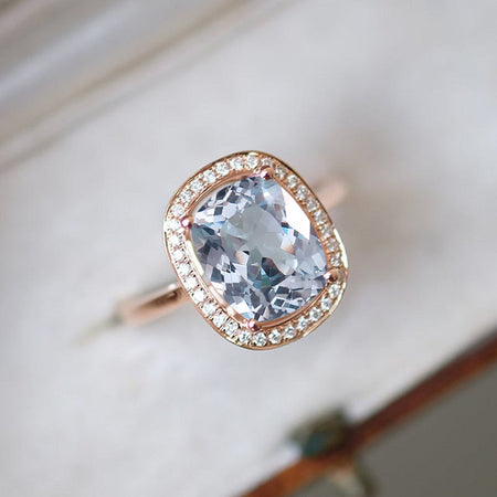 3 Carat Genuine Natural Aquamarine Ring, Genuine Natural Aquamarine Engagement Ring, Rose Gold Genuine Natural Aquamarine Ring, Elongated Cushion Cut Engagement Ring, Halo Genuine Natural Aquamarine Ring