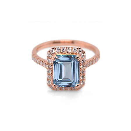 3Ct Emerald cut Halo Aquamarine ring, Genuine Aquamarine ring, Vintage Genuine Aquamarine ring