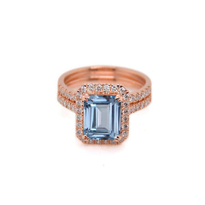 3Ct Emerald cut Halo Aquamarine ring, Genuine Aquamarine ring, Vintage Genuine Aquamarine ring